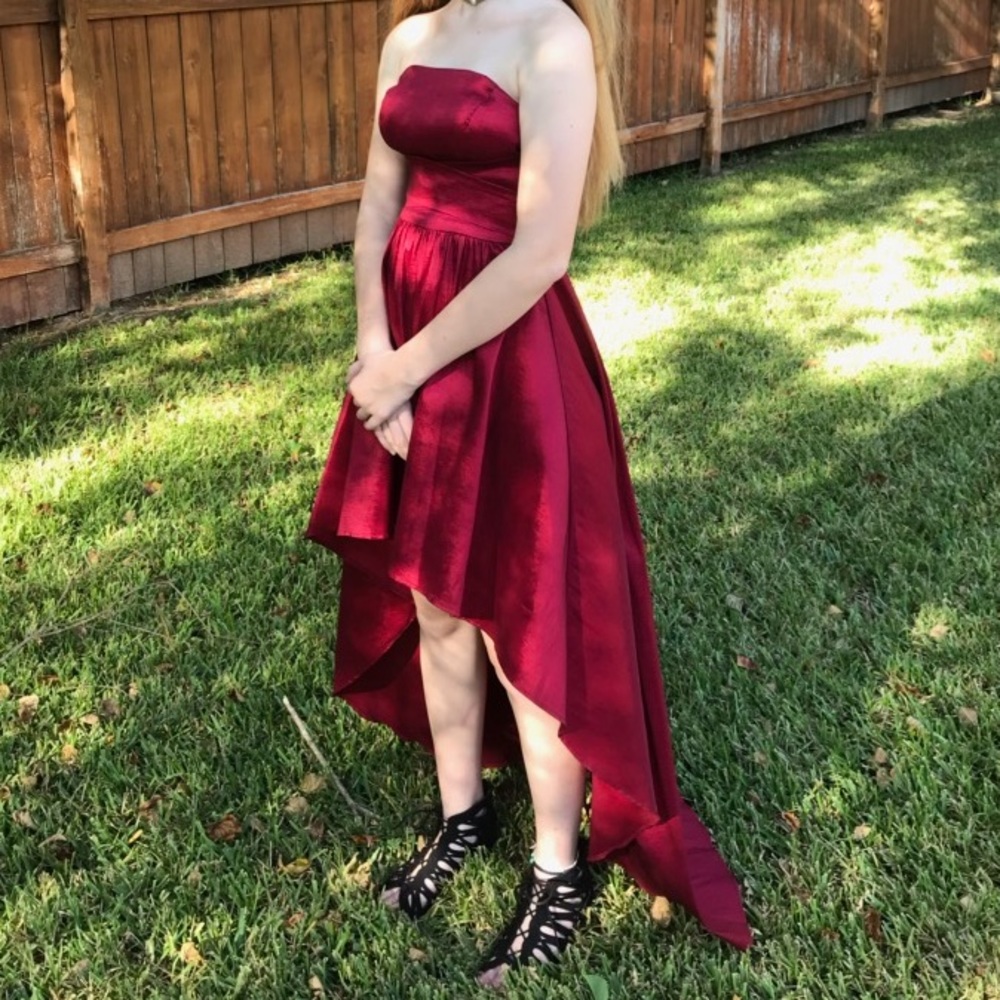 Dark red strapless dress